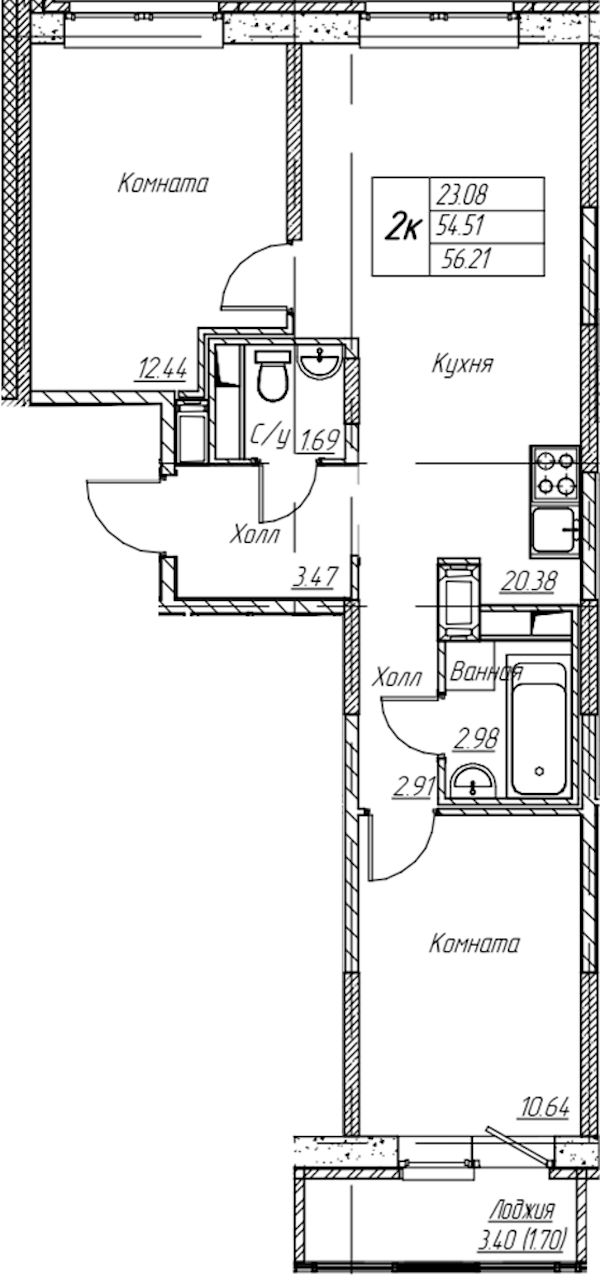 2-комнатная квартира 56.21 м², 6/22 эт., ЖК «Парк-квартал Юнтолово»